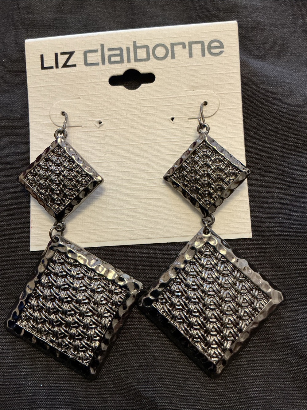 Liz Claiborne Gunmetal Textured Double Diamond Drop Earrings